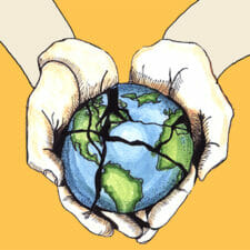 Hands holding fractured globe